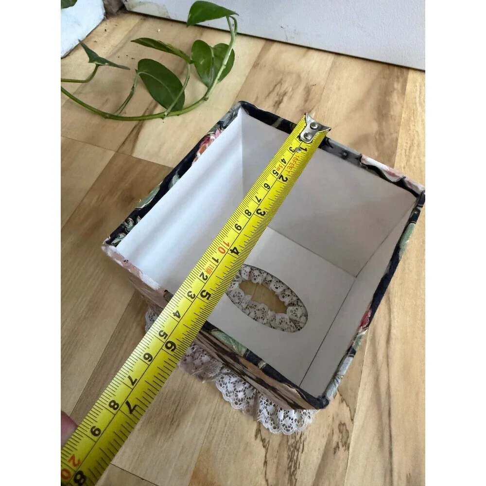 Floral Fabric Tissue Box Cover with Lace Trim